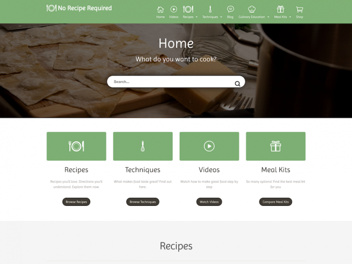 Screenshot of No Recipe Required home page